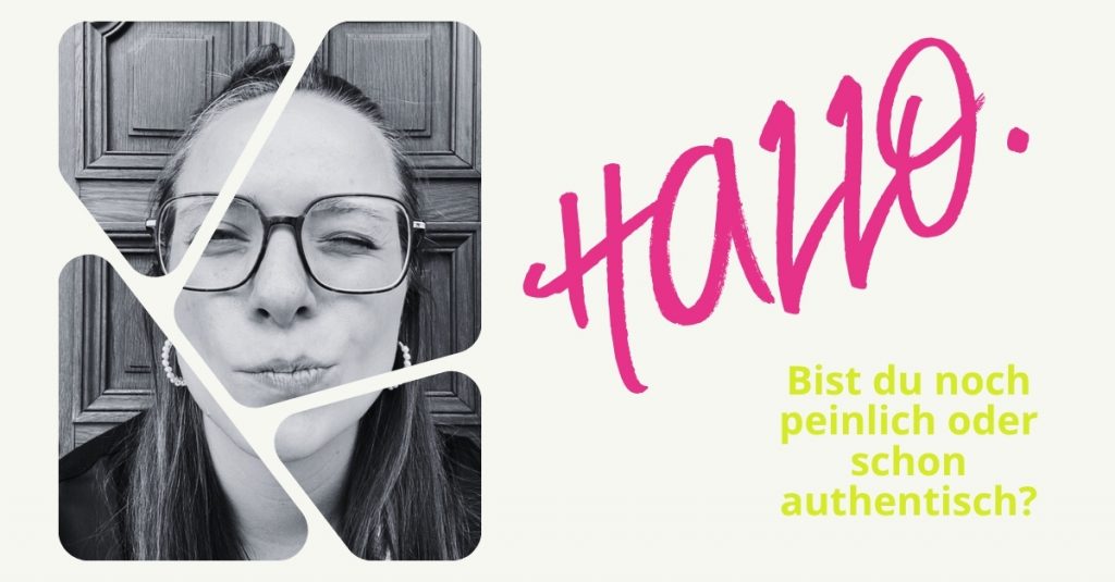 Fragmentiertes Selbstporträt von Franzisks Haiduk und Schrift mit "Hallo. bist du noch peinlich oder schon authentisch?"